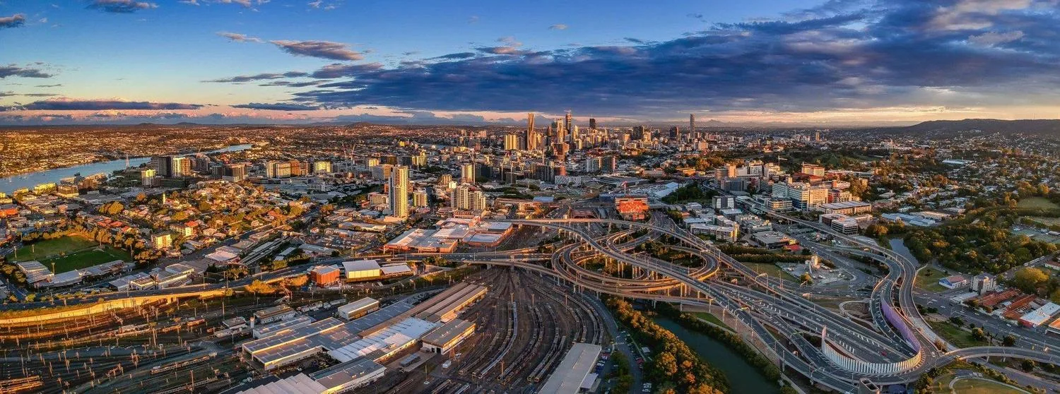 Aerial view of the Brisbane city skyline and river