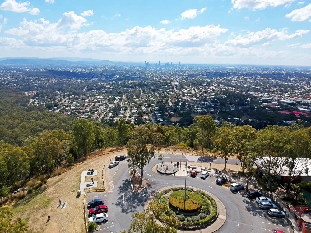 Aerial view over Mount Gravatt looking towards the Brisbane city skyline